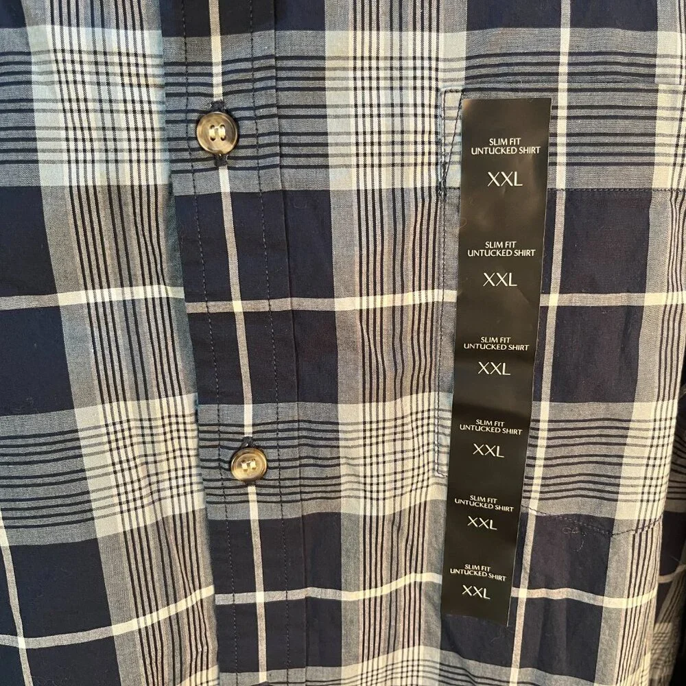 🔷 NWT Banana Republic Men’s 2XL XXL Blue White Plaid Slim Fit Untucked Shirt 👔